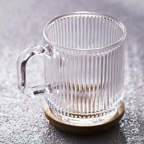 Sturdy Glass Mug With Ribbed Vertical Stripe Pattern and Cute Lid - 1 Ribbed Coffee Mug, Coffee Shop Mugs, Ribbed Glasses, Cafe Mugs, Clear Mugs, Clear Coffee Mug, Clear Glass Coffee Mugs, Changing Basket, Beautiful Mugs