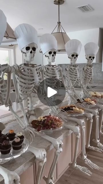 BuyTopia on Instagram: "skeletons chilling in the kitchen! This spooky yet stylish Halloween setup adds a touch of fun and fright to your home decor. 💀 #HalloweenParty #SkeletonDecor #SpookyChic" Halloween Setup, Skeleton Decorations, Walmart Finds, Chef Hat, Chefs Hat, A Chef, Holidays And Events, A Kitchen, Halloween Party