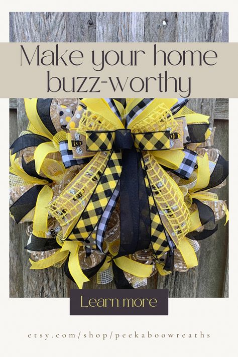 Such a fun way to show your personality, and love for bees, on your front door or displayed proudly in your home! Your full, summertime and everyday bee wreath was created with yellow and white striped mesh and natural with white stripe mesh. Also, multiple kinds of high quality, coordinating wired ribbon were used on your wreath, including bee patterned ribbons, black and yellow polka dot ribbon, basketweave yellow ribbon and solid yellow ribbon. Your wreath really pops with the addition of a l Front Door Swag, Carnival Decorations, Bee Wreath, Summer Porch, Door Swag, Summer Sunshine, Wreath Summer, Welcome Wreath, Everyday Wreath