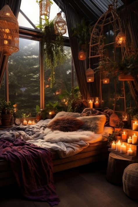 Bohemian Jungle Bedroom, Bohemian Asethic, Bohemian House Exterior, Bedroom Aesthetic Dark, Rustic Wooden Bed, Punk House, Wooden Bed Frame Rustic, Eclectic Decor Bohemian, Eclectic Decor Bedroom