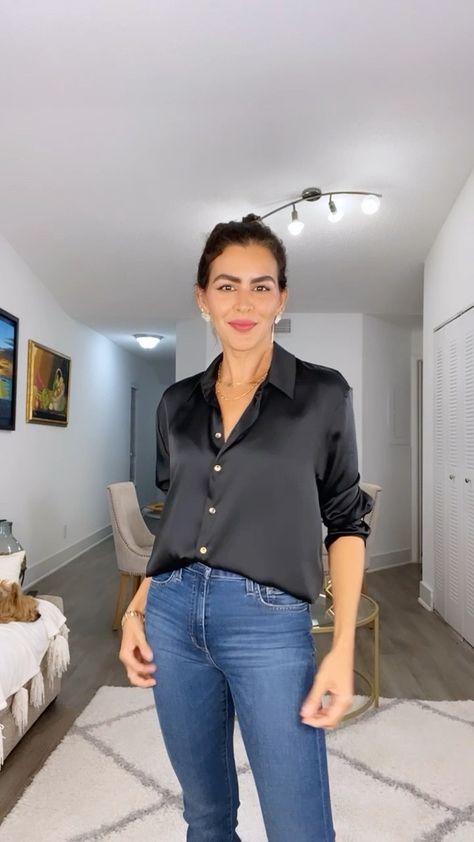 Classic Pearl Button Silk Shirt curated on LTK Black Silk Button Down Shirt Outfit, Silk Shirt And Jeans Outfit, Silk Button Down Shirt Outfit, Black Shirt With Jeans, Silk Shirt Outfit, Black Button Down Shirt, Black Jeans Outfit, Satin Blouses, Satin Shirt