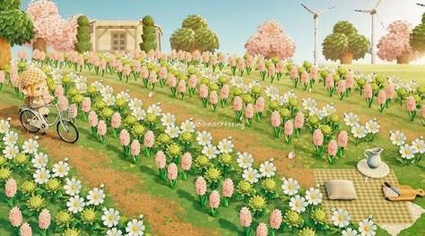 Flower Garden Ideas Anch, Animal Crossing Flower Field Ideas, Acnh Flower Field Layout, Acnh Cherry Blossom Ideas, Animal Crossing Hot Spring Ideas, Flower Farm Animal Crossing, Acnh Flower Field Ideas, Acnh Lavender Fields, Acnh Strawberry Farm