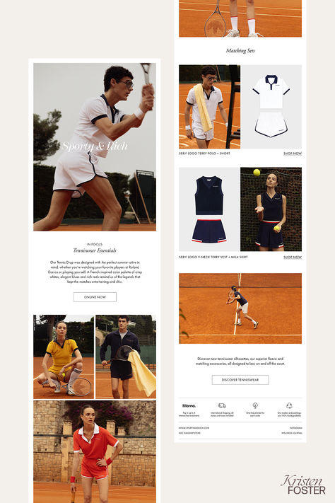 Chic email redesign of Sporty & Rich's 2024 tenniswear campaign. Fashion Email Campaign Design, Lookbook Email Design, Email Campaigns Design, Minimal Email Newsletter Design, Campaign Layout Design, Fashion Email Newsletter, Marketing Emails Design, Brand Email Design, Email Fashion Design