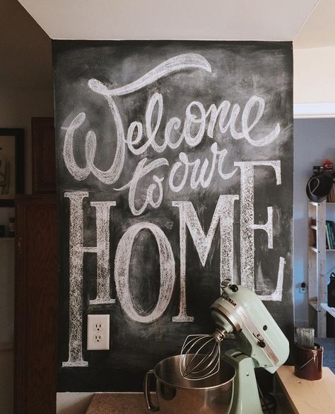 Welcome to our first house together! After 6 months of searching, I'm so happy that @whittlayne and I found a place outside of Detroit to call our own. We are finally settled in after a long couple of weeks of moving, unpacking and furnishing with the help of our gracious families. Had to get the chalkboard wall I painted in our kitchen a little dusty. Excited for things to come as we start this new chapter together! Kaffe Bar, Papan Tulis Kapur, Chalkboard Wall Art, Chalkboard Writing, Blackboard Art, Kitchen Chalkboard, Chalk Wall, Chalkboard Lettering, Chalk Lettering