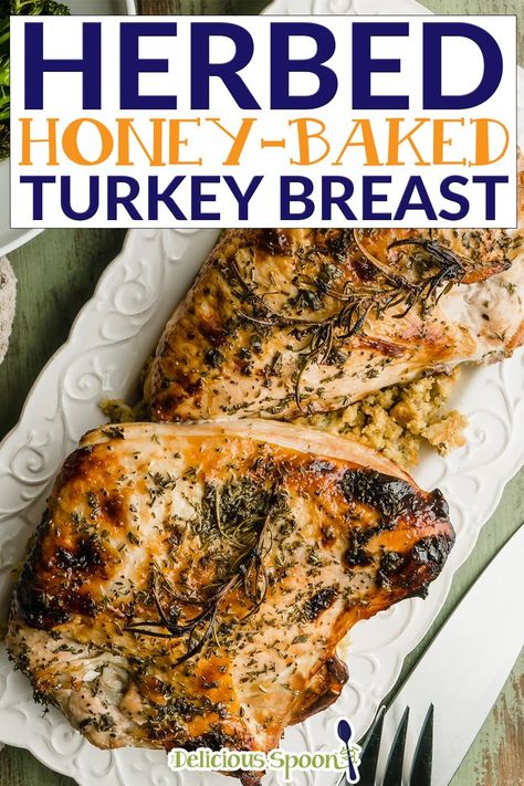 Seasoned with fresh herbs, honey, and butter, this Herbed Honey Baked Turkey Breast is juicy, flavourful, and easy to make. It’s perfect for both casual weeknight dinners and the holidays. Do you ever crave turkey but don’t want to (or need to) cook a whole turkey? Cooking a turkey breast in the oven is a quick, easy way to get a mouthwatering, juicy turkey without making a whole turkey. | @thedeliciousspoon #bestbakedturkeybreast #thanksgivingfortwo #easythanksgivingrecipes Honey Baked Turkey Breast, Honey Baked Turkey, Honey Glazed Turkey, Baked Turkey Breast, Glazed Turkey Breast, Perfect Turkey Recipe, Turkey Breast Recipes, Fowl Recipes, Turkey Cooking