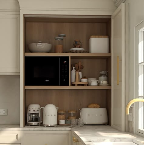 Muli | We always aim to fit a larder unit into a kitchen, it’s the best way to store small appliances and food items when a walk in pantry isn’t… | Instagram Pantry Idea For Small Kitchen, Pocket Door Larder, Small Appliance Cabinet Kitchen, Pocket Door Pantry Kitchen, Side Of Cabinet Storage, Extra Small Kitchen Ideas, Appliance Cabinet Kitchen, Small Appliance Cabinet, Small Kitchen Pantry Ideas