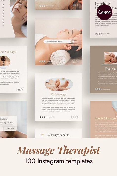 A beautiful collection of Instagram Massage templates. These aesthetic massage instagram posts are easily editable in Canva and will save you a lot of time! A pack of massage social media posts includes inspirational massage quotes, massage tips, marketing ideas for massage therapists and many more! Create a cohesive Instagram feed with these Canva templates for massage therapist. You will find more massage therapist instagram posts and wellness coach instagram templates in my Etsy shop. Spa Massage Social Media Post, Social Media For Massage Therapists, Massage Therapy Instagram Posts, Physical Therapy Social Media Posts, Therapist Instagram Feed, Massage Instagram Posts, Massage Social Media Posts, Massage Post Ideas, Massage Therapist Aesthetic