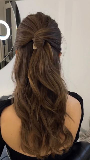 Half Up Half Down Hairstyle Bridesmaid, Half Up Low Ponytail, Ball Hairstyles Half Up Half Down, Brunette Half Up Half Down Hair, Slicked Half Up Half Down Ponytail, Blowout Half Up Half Down Hairstyles, Business Half Up Half Down Hair, Blowout Curls Half Up Half Down, Bouncy Curls Half Up Half Down