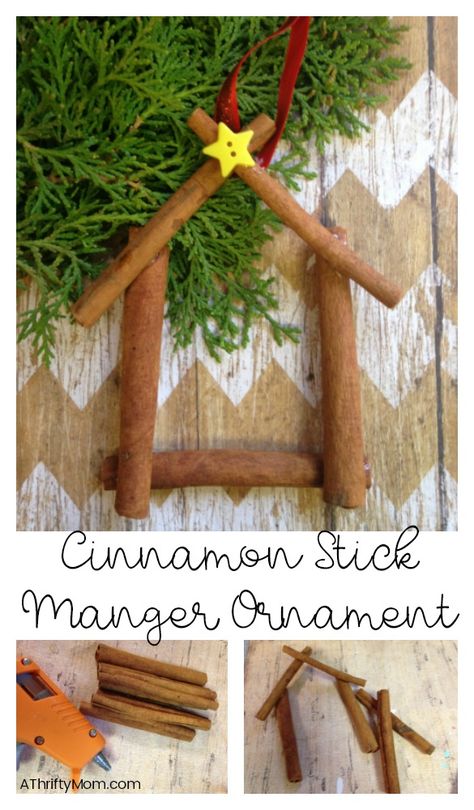 Make your own Cinnamon Stick Manger Ornament for an ornament that will become a favorite keepsake and smells so very good Inexpensive Ornaments To Make, Easy Christmas Crafts For Kids At Church Diy Ornaments, Cinnamon Stick Cross Ornaments, Cinnamon Stick Star Ornament, Hope Ornament Diy, Easy Classroom Ornaments For Kids, Cinnamon Stick Reindeer Ornament, Manger Christmas Ornament, Diy Manger Ornament