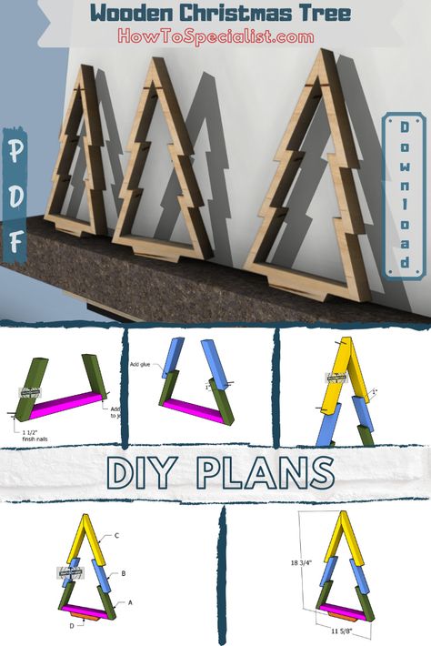 How to Make a Wooden Christmas Tree - Free DIY Plans Diy Wood Christmas Tree Plans From 2x4, Diy Wooden Xmas Tree, 1x4 Christmas Tree, Wood Christmas Tree Ideas Diy Projects, Christmas Tree Wood Diy, Dyi Christmas Trees, One Board Wood Projects, 2x4 Trees, Wooden Christmas Trees Plans