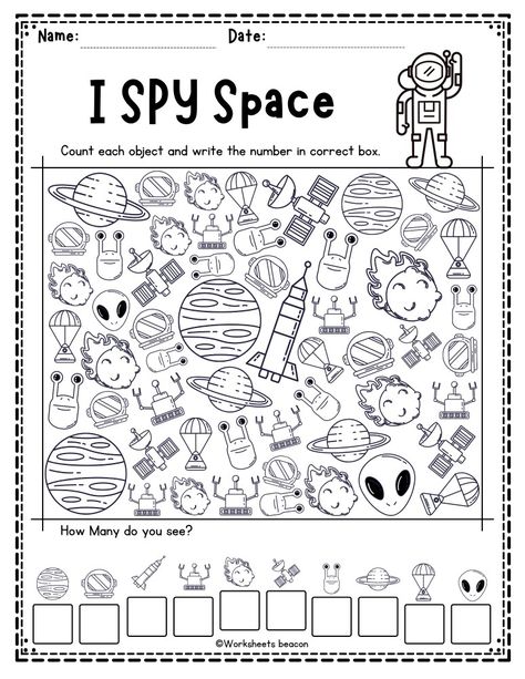 This is a great I Spy Space worksheet! Students will enjoy finding the space-themed pictures and counting them up to see if they “spied” them all. (Answer key included) Preschool Solar System, Numbers 1 10 Printable, Space Worksheets, Solar System Coloring Pages, Kindergarten Stem, Saturn Planet, Puppy Coloring Pages, Alphabet Practice, Pokemon Coloring Pages