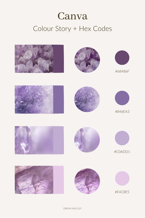 A beige background with four different images of amethyst crystals in a rectangle, a circle image of the same photo and then the corresponding colour hex code beside them. Titled: Canva Colour Story + Hex Codes Amethyst Color Palette, Colour Palette With Hex Codes, Color Palets, Minimalist Wallpaper Phone, Calm Color Palette, Vintage Colour Palette, Website Color Palette, Pantone Colour Palettes, Color Design Inspiration