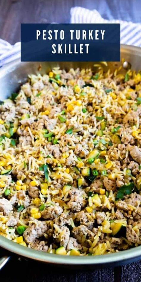 Italian Ground Turkey Recipes, Turkey Orzo, Pesto Turkey, Turkey Skillet, Turkey Pesto, Turkey Meals, Eggplant Rollatini, Ground Turkey Recipes Healthy, Paleo Recipies