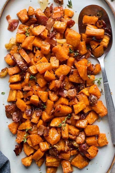 Sweet Potatoes With Bacon, Savory Sweet Potato Recipes, Sweet Potato Bacon, Potatoes With Bacon, Shallot Recipes, Sweet Potato Recipes Roasted, Sweet Potato Recipes Baked, Sweet Potato Recipe, Cubed Sweet Potatoes