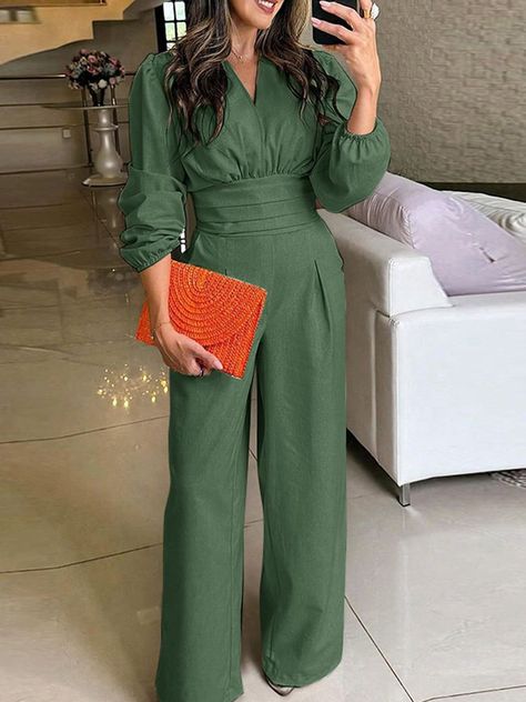 VONDA Women Autumn Romper Fashion Vintage Solid Color Long Sleeve V-neck Wide Leg Jumpsuits Lantern Fringe Skirt Outfit, Nigerian Outfits, Wide Leg Jumpsuits, Chic Romper, Wide Leg Romper, Off Shoulder Jumpsuit, Jumpsuit Elegant, Jumpsuit Pattern, Long Jumpsuits