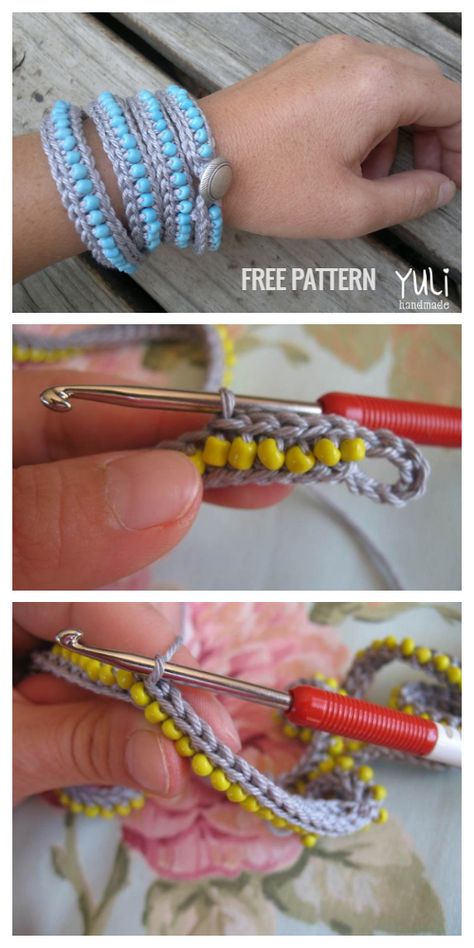 Boho Bead Bracelet Free Crochet Patterns + Video - DIY Magazine Crochet Jewelry Patterns Free Necklaces, Crochet Bracelet Beads, Crochet Seed Bead Bracelet, Yarn And Bead Crafts, Bead Crochet Patterns 6 Around Free, Crocheted Bracelets Free Pattern, Boho Beaded Bracelets Diy, Crochet With Pony Beads, Crochet Anklet Pattern Free