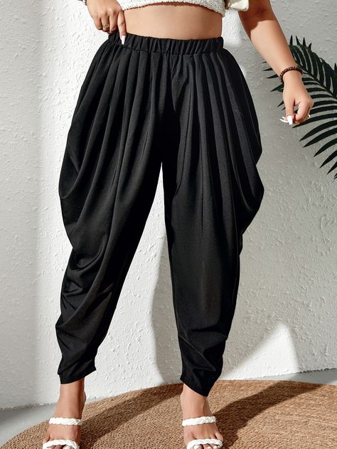 Black Casual Collar  Fabric Plain Harem/Genie Embellished Non-Stretch  Women Plus Clothing Outfit Elegantes, Harem Trousers, Harem Pant, Drop Crotch Pants, Baggy Pants, Plus Size Pants, Block Printing Fabric, Pants Color, Yoga Clothes