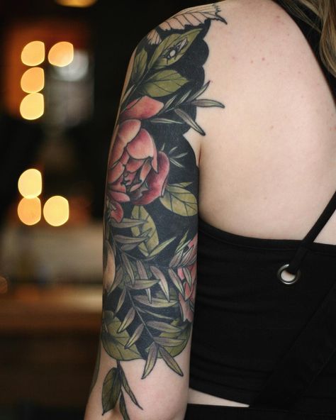 Large Dark Cover Up Tattoos, Tattoo Cover Ups For Women, Traditional Cover Up Tattoo, Half Sleeve Tattoos Color, Blackout Sleeve, Tattoo Sleeve Cover Up, Arm Cover Up Tattoos, Neat Tattoos, Cover Up Tattoos For Women