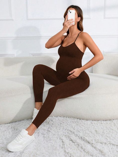 Coffee Brown Casual Collar Sleeveless Fabric Plain Overall Embellished Medium Stretch  Maternity Clothing Shein Maternity, Black Onesie, Maternity Activewear, Pretty Pregnant, Cami Jumpsuit, Summer Pregnancy, Maternity Jumpsuit, Pregnancy Outfits, Womens Bodysuit