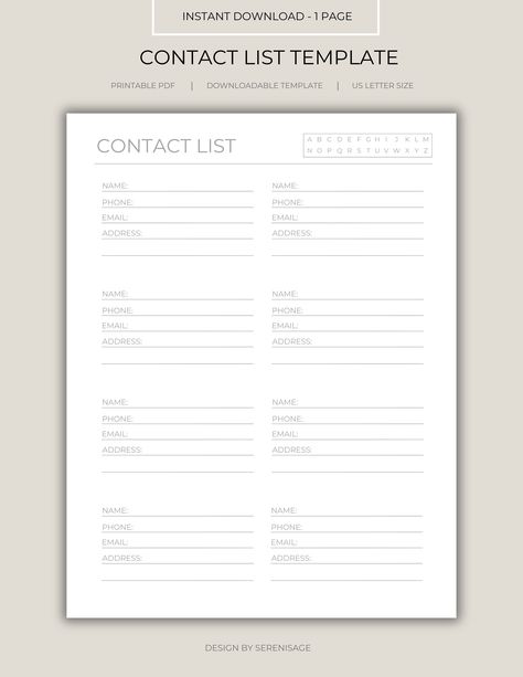 Organize your personal contacts with this printable contact list template- just download, print and get started.   Product Description:  -Color- Gray -Orientation- Portrait -File Length- 1 page -File Size-Letter size (8.5"x11") -File Type- PDF File Instructions: How to download: -Once your purchase is confirmed, you will be able to download the digital PDF file and save it to your device -Print at home or have the file sent to a print shop -Print as many pages as you need Have a question? Send m Printable Contact List, Address Book Template, Contact List, Address Book, List Printable, List Template, Book Template, Planner Template, Letter Size