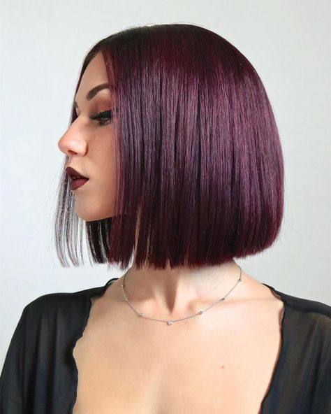 Short Burgundy Hair Bob, Eggplant Colored Hair, Short Burgundy Hair, Burgundy Hair Color Ideas, Pelo Color Borgoña, Stella Cini, Deep Red Hair Color, Pelo Color Vino, Dark Burgundy Hair