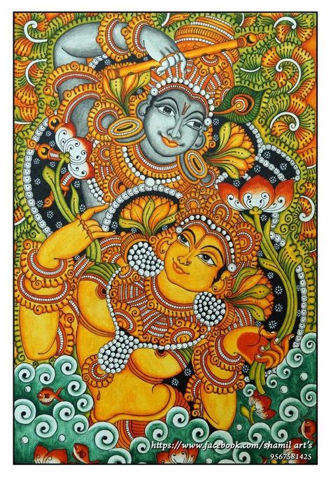 Radha Krishna Mural Painting, Krishna Mural Painting, Indian Traditional Paintings, Mural Art Design, Kalamkari Painting, Kerala Mural Painting, Painting Canvases, Indian Painting, Tanjore Painting