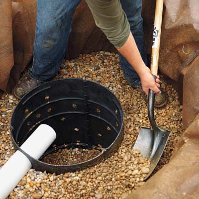 Dry well: a pit, usually filled with coarse stone, into which water is conducted for leaching out into surrounding soil. Subpump Drainage Ideas, Water Spout Drainage Ideas, French Drains Drainage Solutions, French Drain Ideas, French Drain Diy, Drainage Ideas, Gutter Drainage, French Drains, Backyard Drainage