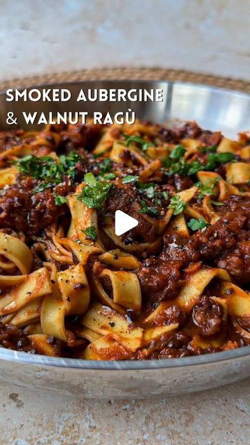 Smoked Aubergine Walnut Ragu, Aubergine Ragu, Walnut Ragu, Aubergine Dishes, Smoked Aubergine, Rachel Ama, Tomato Passata, Aubergine Recipe, Pasta Fresh