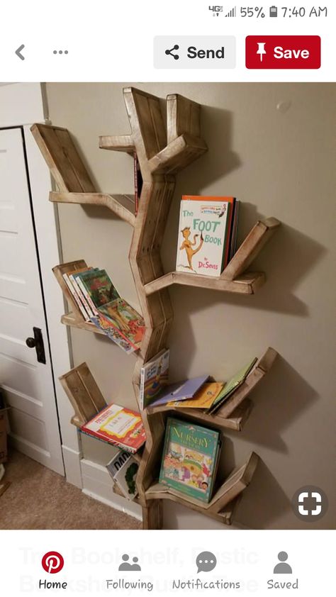 Forest Toddler Room Boys, Woodland Nursery Bookshelf, Tree Theme Nursery, Tree Bookshelf Nursery, Woodland Bookshelf, Tree Bookshelf Diy, Nursery Bookshelf Ideas, Pine Bookshelf, Bookcase Decorating Ideas