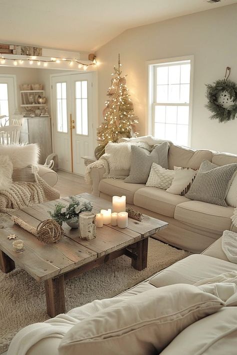 72 Neutral Living Room Ideas That Are So Chill, They'll Practically Pay Your Rent Cozy Sitting Room Ideas, Boho Sofa Couch, Hygge Living Room Ideas, Cream Couch Living Room, White Christmas Living Room, Cosy Cottage Living Room, Beige And White Living Room, Ideas For Rooms, House Room Design