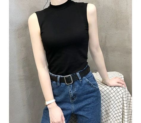 Turtle Neck Tank Top Outfit, Plain Tank Tops, Jeans Korean, Turtleneck Tank Top, Top And Jeans, Sleeveless Tee, Black Women Fashion, White Sleeveless, Sleeveless Tank Top