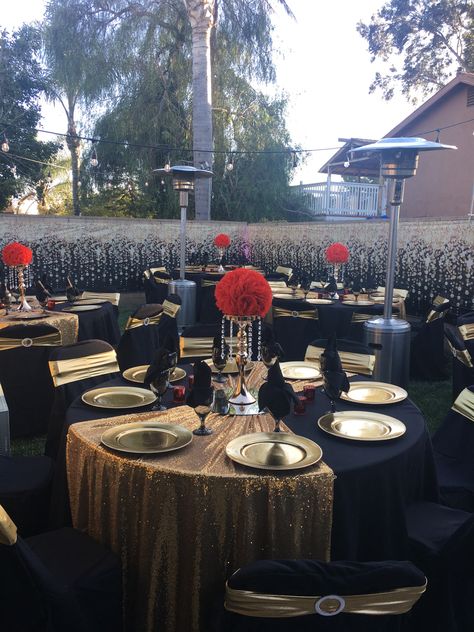 Gold Black And Red Wedding, Red Black And Gold Theme Party, Black Gold Red Decorations, Gold Red Black Party, Black Gold And Red Quinceanera Theme, Red Black And Gold Event Decor, Red Black Gold Backdrop, Red Black Gold White Table Setting, Met Gala Graduation Theme