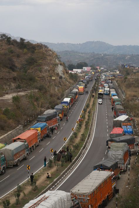 Stranded vehicles wait for the opening of the Jammu-Srinagar national highway which is closed to traffic, on the outskirts of Jammu National Highway, Highway Traffic, India Images, Srinagar, Instagram Theme, Aesthetic Instagram Theme, Instagram Aesthetic, India, Road