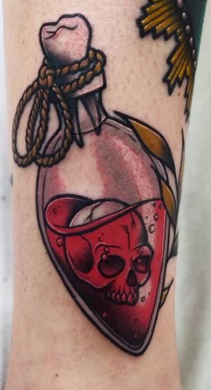 Skull Potion Bottle Tattoo, Vial Tattoo Design, Potion Bottle Tattoo Traditional, Vial Of Poison Tattoo, Potion Vial Drawing, American Traditional Potion Bottle Tattoo, American Traditional Perfume Bottle Tattoo, Halloween Potion Bottle Tattoo, Neo Traditional Potion Bottle