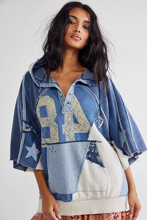 Super Flare Jeans, Indigo Children, Free People Style, Hooded Pullover, Upcycle Clothes, Pullover Sweatshirts, Boho Clothing, Denim Top, Half Sleeve