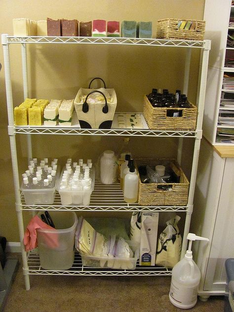 I love this idea for storing soap/lotion making supplies. I am looking for something similar for my room. Lotion Making, Soap Making Kits, Soap Supplies, Candle Making Business, Candle Studio, Soap Making Supplies, Soap Shop, Candle Making Supplies, Homemade Soap Recipes