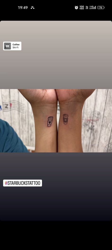 Coffee Tattoo For Couples, Coffee Best Friend Tattoo, Coffee Friendship Tattoo, Starbucks Tattoo Ideas, To Go Coffee Cup Tattoo, Starbucks Tattoo Small, Starbucks Coffee Tattoo, Best Friend Coffee Tattoos, Coffee Couple Tattoo