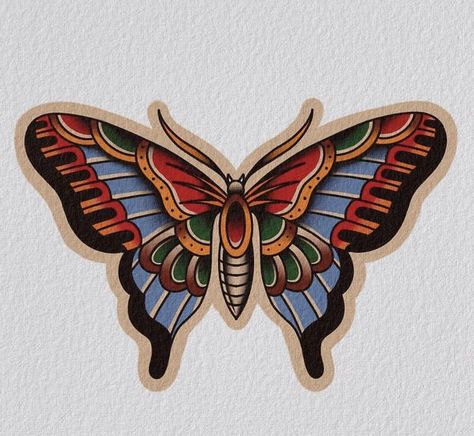 American Trad Butterfly Tattoo, American Trad Butterfly, Traditional Tattoo Art Butterfly, Traditional Butterfly Tattoo Color, Butterfly Tattoo Neo Traditional, Neo Traditional Butterfly, Trad Butterfly, Traditional Tattoo Butterfly, Butterfly Tattoo Traditional