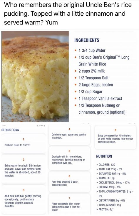 Uncle Bens Rice Pudding Recipe, Uncle Bens Rice, Uncle Ben, Rice Pudding Recipe, Uncle Bens, Rice Pudding, Pudding Recipe, Pudding Recipes, White Rice