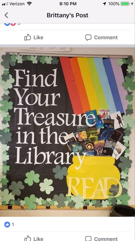 March Display Ideas, March Reading Bulletin Board Ideas, Library Board Decoration Ideas, St Patricks Day Library Display, March Is Reading Month Bulletin Board, Monthly Library Themes, March Window Display Ideas, Library Spring Bulletin Boards, March Book Displays