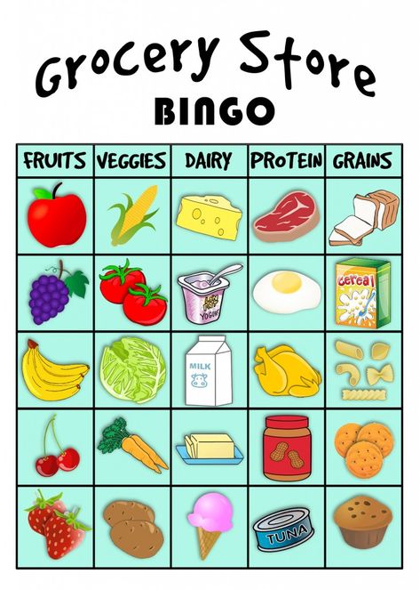 Grocery Store BINGO!  Free printable download for the kids to play on your next trip to the store.  Learning the 5 food groups & smart choices. Food Groups For Kids, Preschool Food, Bingo Sheets, Nutrition Activities, Food Activities, Food Pyramid, Aktivitas Montessori, Group Meals, Food Themes