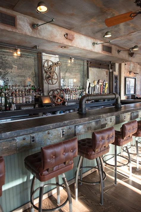 (cosy, café, cafeteria, coffee shop, coffeehouse, atmosphere, style) (outlets at bar for individual charging stations) Rustic Coffee Shop, Bar Deco, Industrial Style Home, English Pub, Home Bar Design, Bar Design Awards, Rustic Bar, Steampunk Decor, Industrial Bar