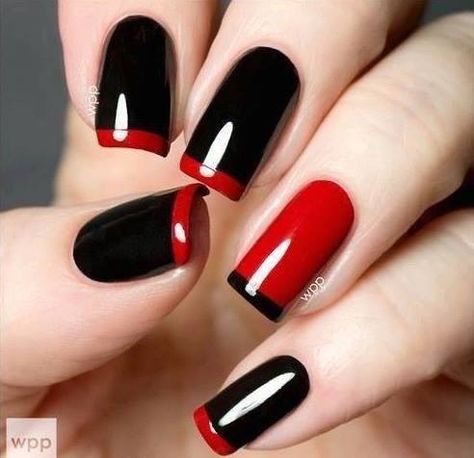 Francesinha + Filha única: vermelho e preto Red Black Nails, Best Nail Polish, Black Nail, Nagel Inspo, Nail Polish Designs, Short Hairstyle, Unique Nails, Fabulous Nails, Fancy Nails