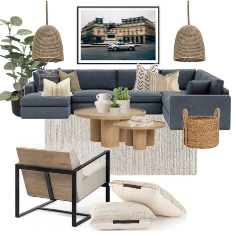 Designer Home On A Budget, Gray Chairs Sitting Area, Pair Of Sofas Facing Each Other, Black Blue Cream Living Room, Grey Sofa Living Room Ideas Blue Accents, Dark Couch With Light Furniture, Apartment Living Room Mood Board, Couch With Light Wood Floor, Blue Tan Grey Living Room