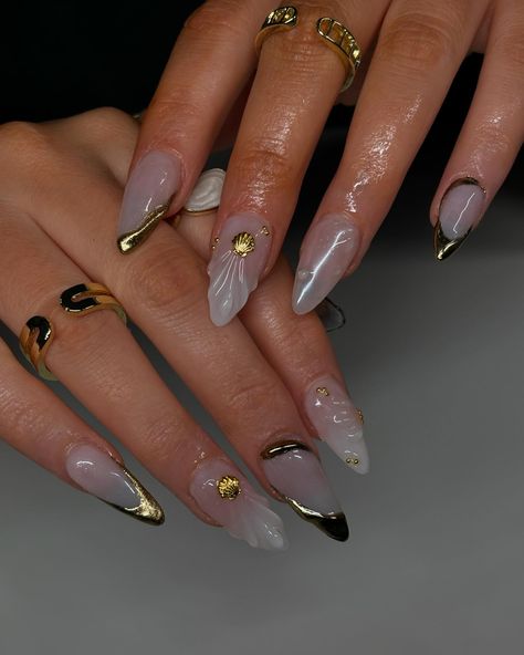 The milky white with gold is chiefs kiss 🤍☺️ - 𝐷𝑚 𝑡𝑜 𝑏𝑜𝑜𝑘! . . . . . . Tags: #nail #nailart #nailsnailsnails #beachnails #summernails #acrylic #acrylicnails #gelx #gelxnails #toronto #brampton #vaughan #nailaddict #nailartist #nailsofinstagram #naildesign #milkywhitenails Milky And Gold Nails, Milky White Gold Nails, Milky White Nail Art, White Gold Nails, Nails Milky, Gold Accent Nail, White Nails With Gold, Book Tags, Engagement Nails