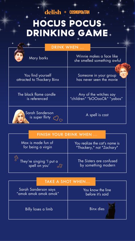 Hocus Pocus Drinking Game, Halloween Drinking Games, Movie Drinking Games, Hocus Pocus Movie, Hocus Pocus Party, Fun Drinking Games, Halloween Movie Night, Drinking Game, Halloween Drinks