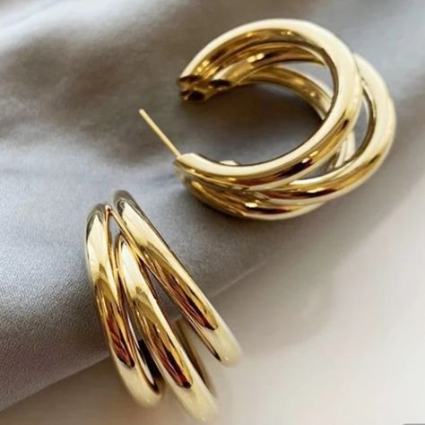 18k Yellow Gold Plated Triple Hoop Earrings, Chunky Hoop Earrings, Earring For Women, Vintage Style Jewellery, Affordable Jewelry, Drop Earring, Gold Plated Earrings, Round Earrings, Gold Hoop