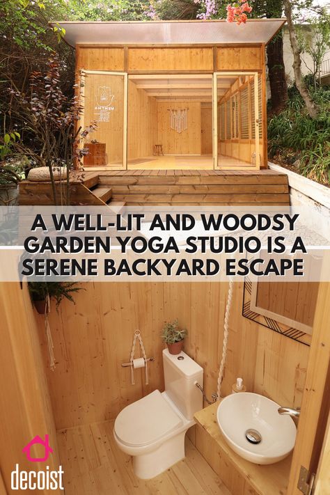 Rustic Yoga Studio, Garden Yoga Studio, Yoga And Meditation Aesthetic, Outdoor Yoga Space Backyards, Backyard Yoga Space, Yoga Garden Space, Meditation Shed, Yoga Patio, Woodsy Garden