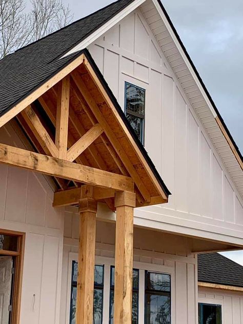 Cedar Beams Front Porch, Cedar Beams Porch, Exterior Wood Beams, Front Porch Beams, Exterior Ranch Remodel, Nc Flag, Cabin Front Door, Porch Beams, Plan Chalet