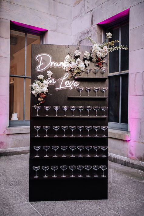 Diy Drink Wall Wedding, Champagne Wall Wedding Diy, Drunk In Love Bridal Shower Theme, Drunk In Love Bar Sign, How To Make A Champagne Wall Diy, Wedding Drink Wall, Black Champagne Wall, Champagne Wall Diy, Bridal Shower Photo Wall